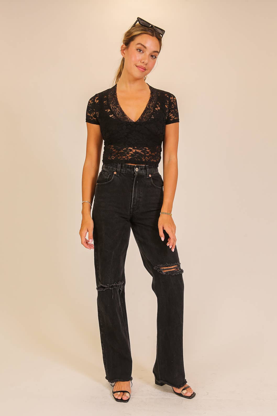 Deep V-Neck Floral Lace Top