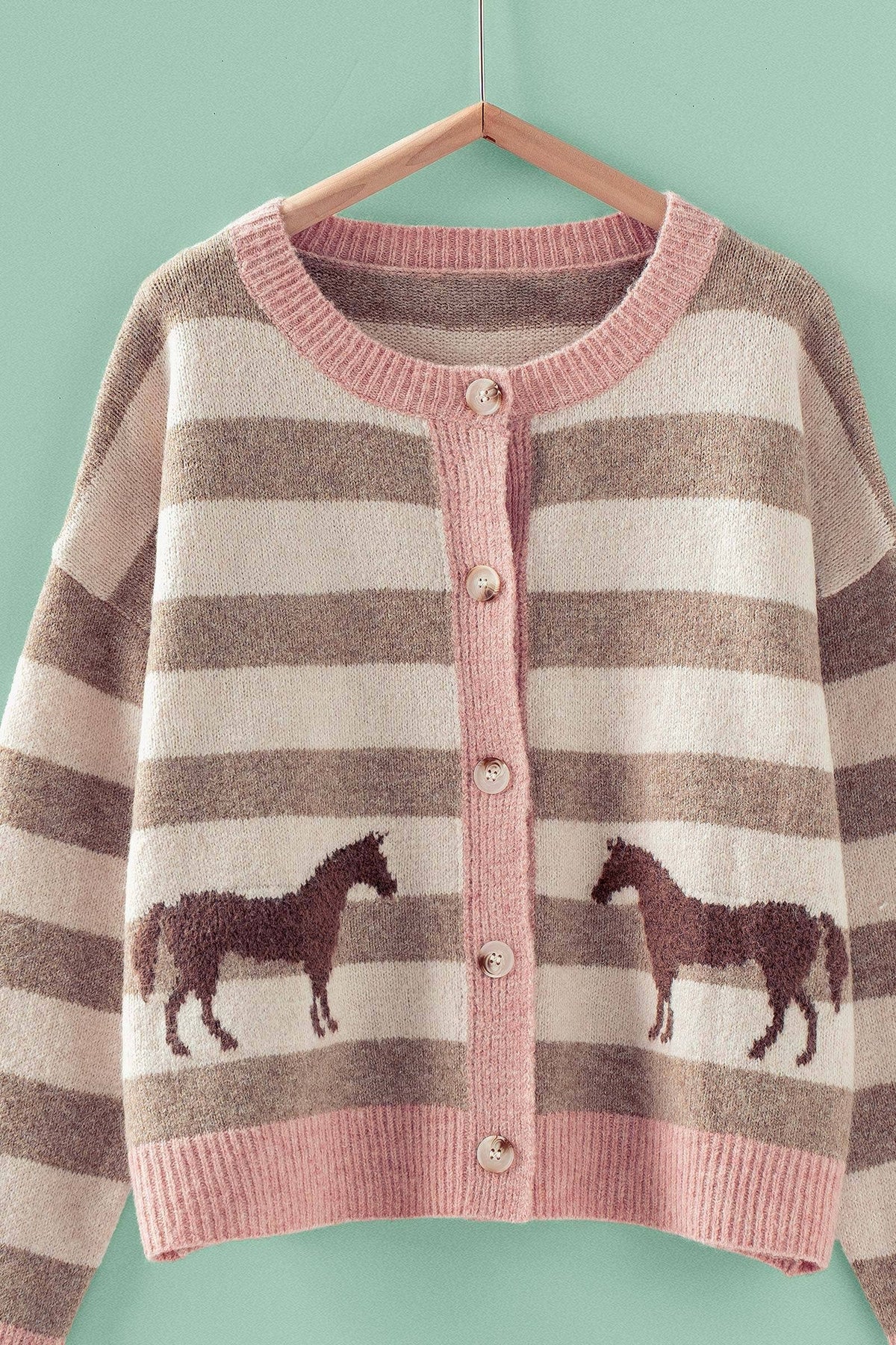 Horse Jacquard Striped Crew Neck Cardigan