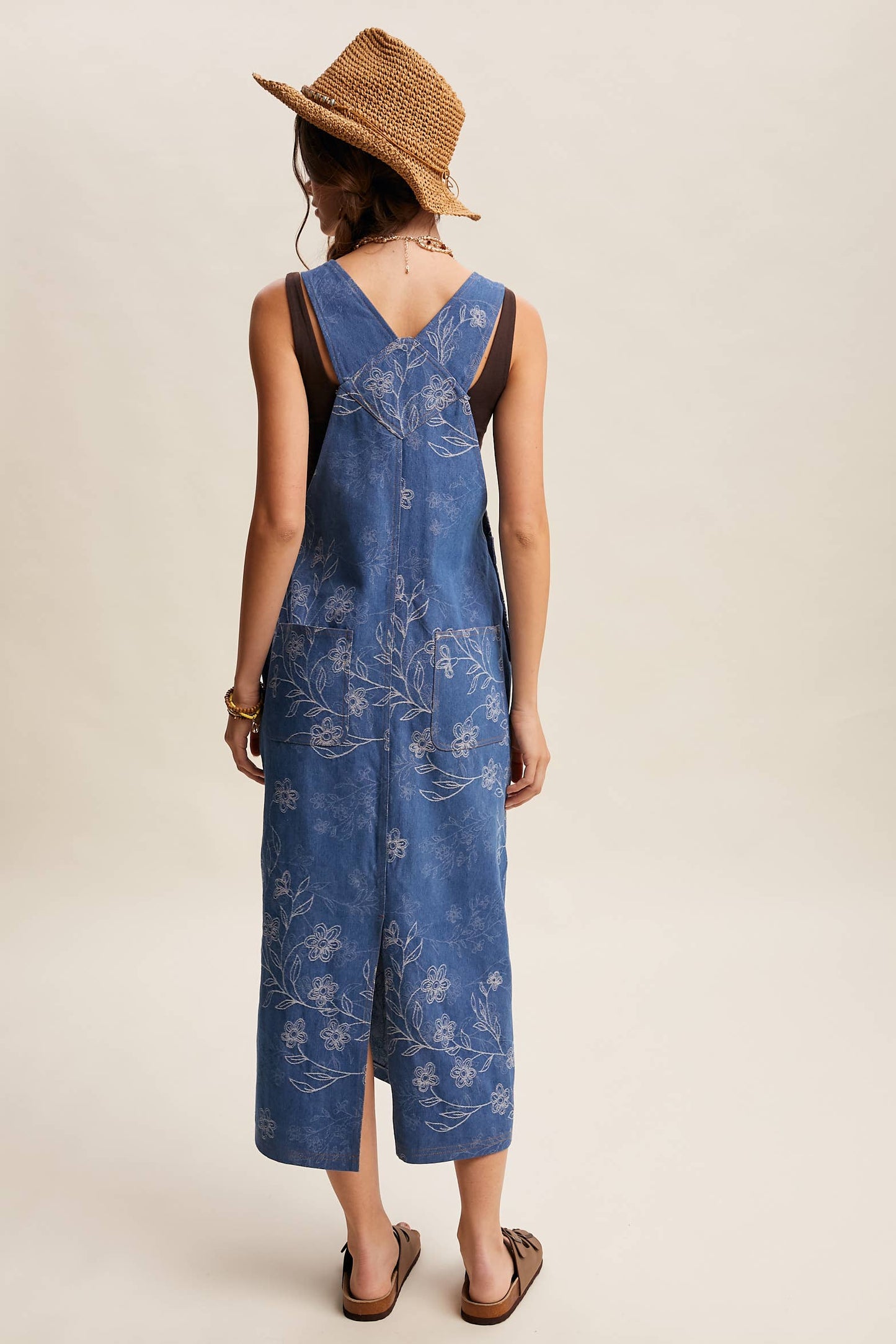 Floral Embroidered Denim Overall Dress