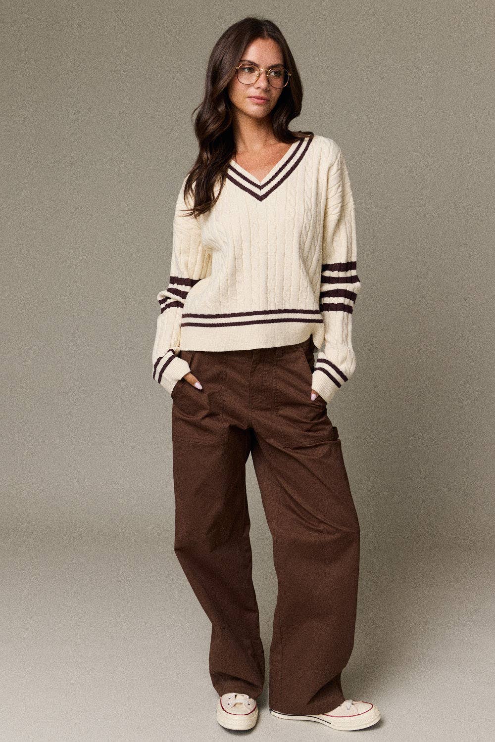 Valentina Cable Knit V-Neck Varsity Sweater