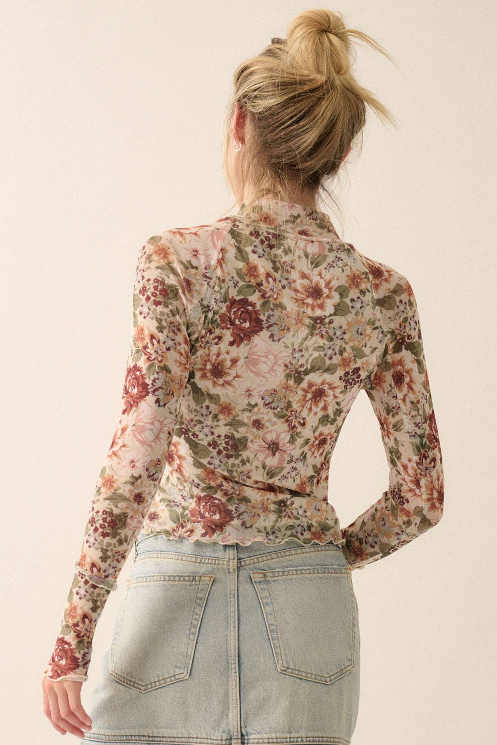 Floral Mesh High-Neck Top