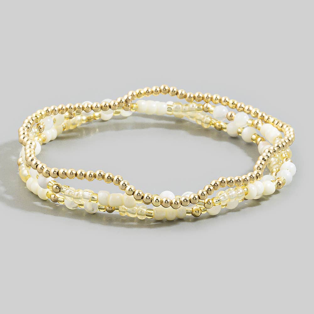 Shell Bead And Gold Stretch Layered Bracelet Set