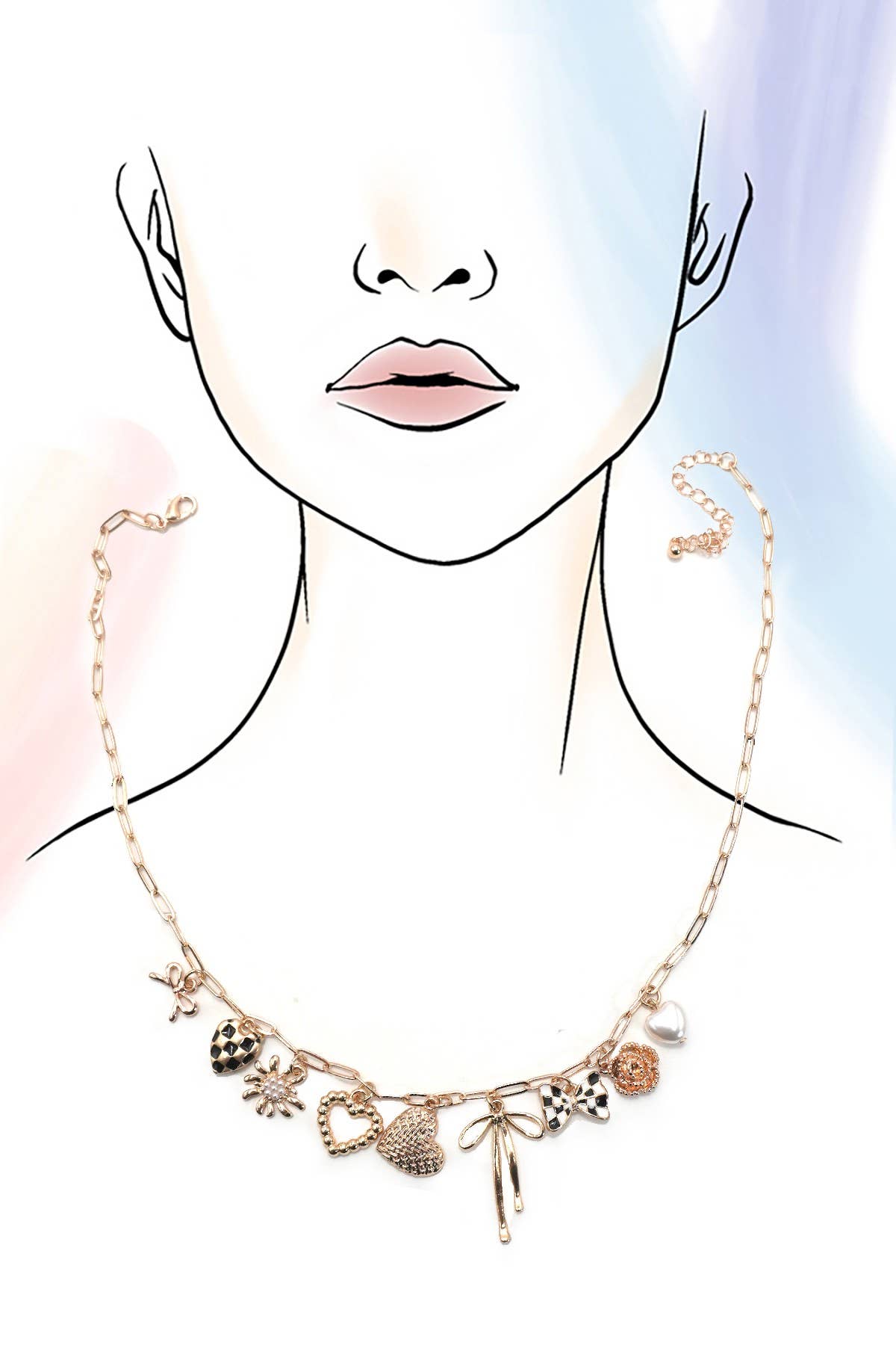 CHARM NECKLACE-BOW CHECKER HEART FLORAL