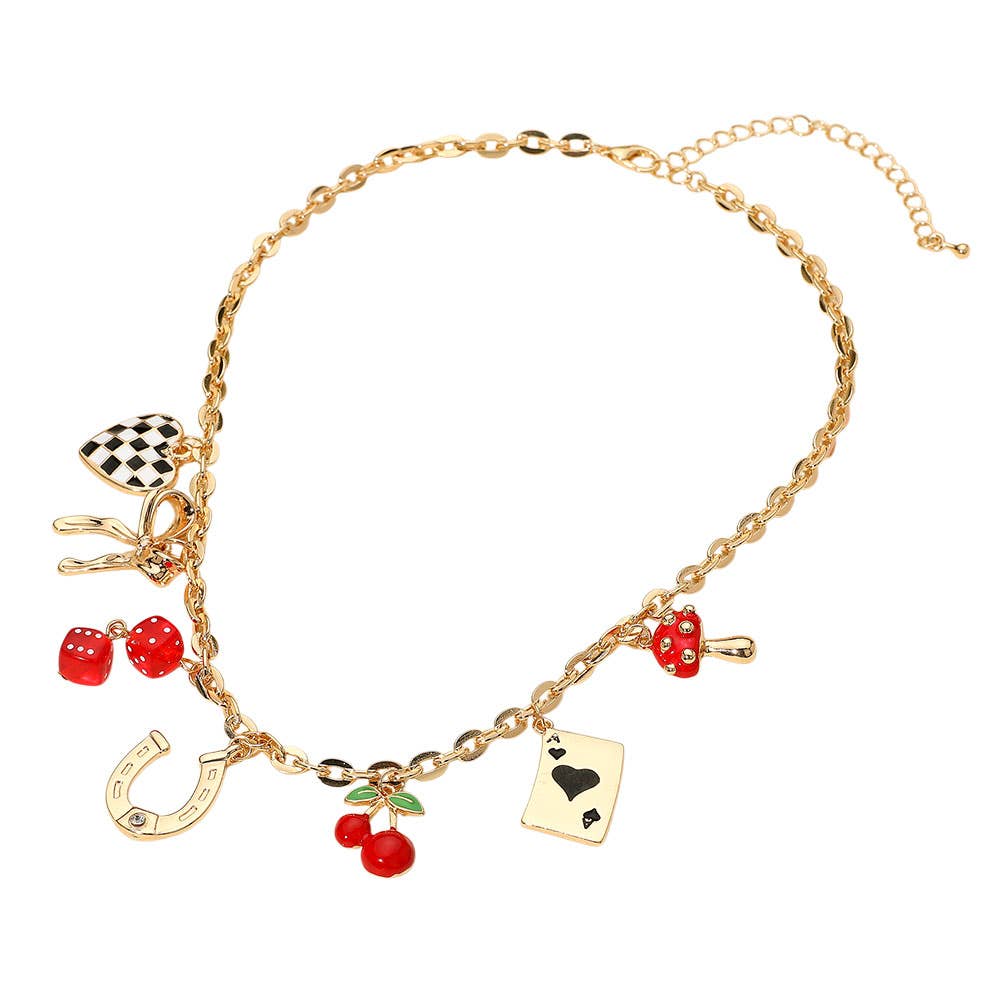 Casino Card Heart Bow Horseshoe Cherry Mushroom Charm Station Necklace
