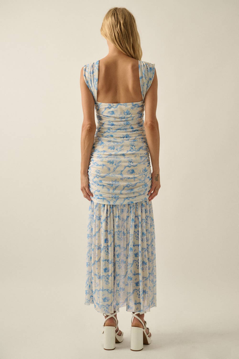 Floral-Print Mesh Ruched Drop-Waist Maxi Dress
