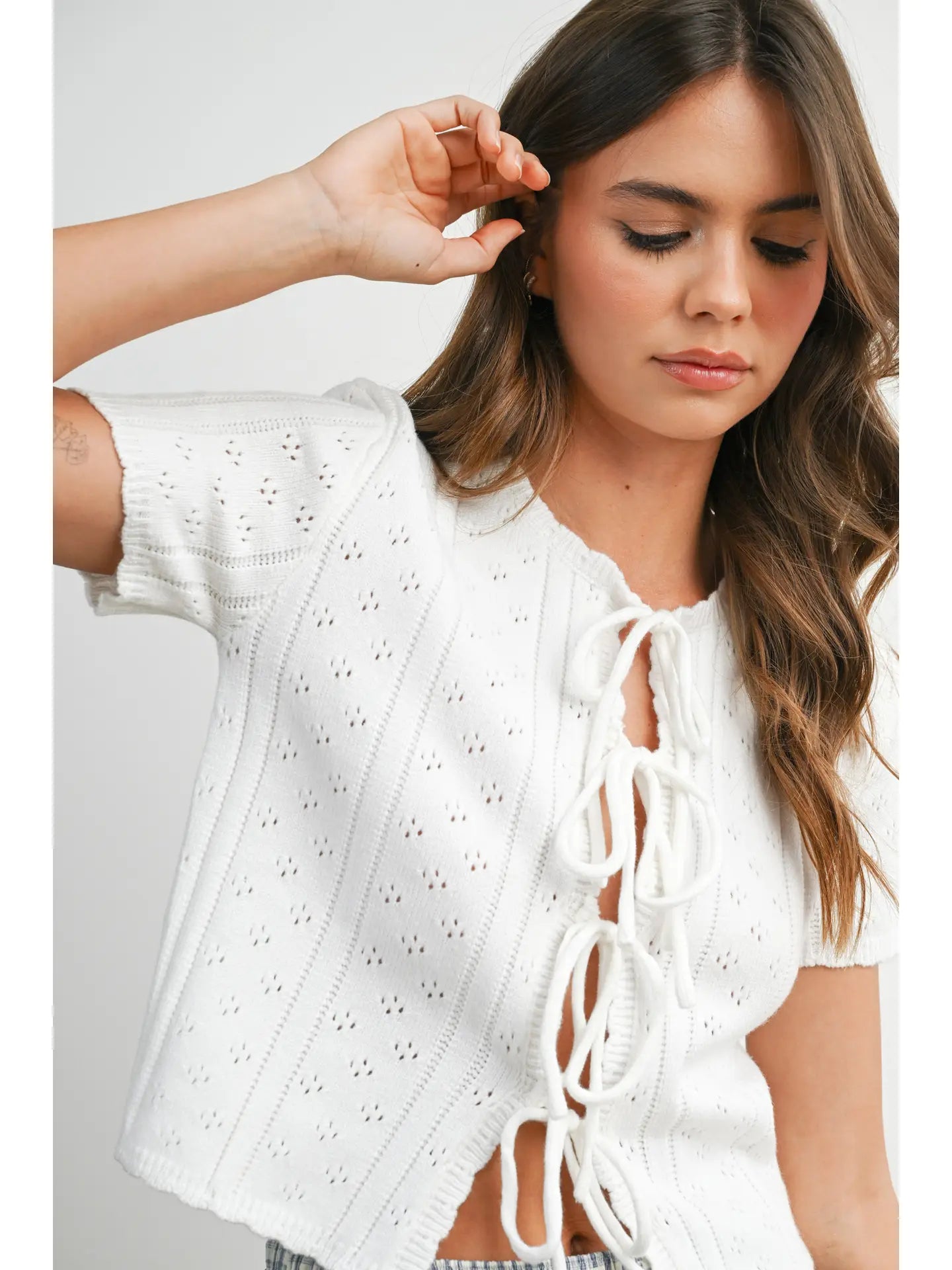 Scalloped Tie-Front Pointelle Knit Top
