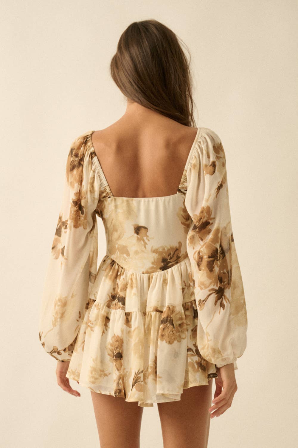 Floral Bubble-Sleeve Tiered Romper