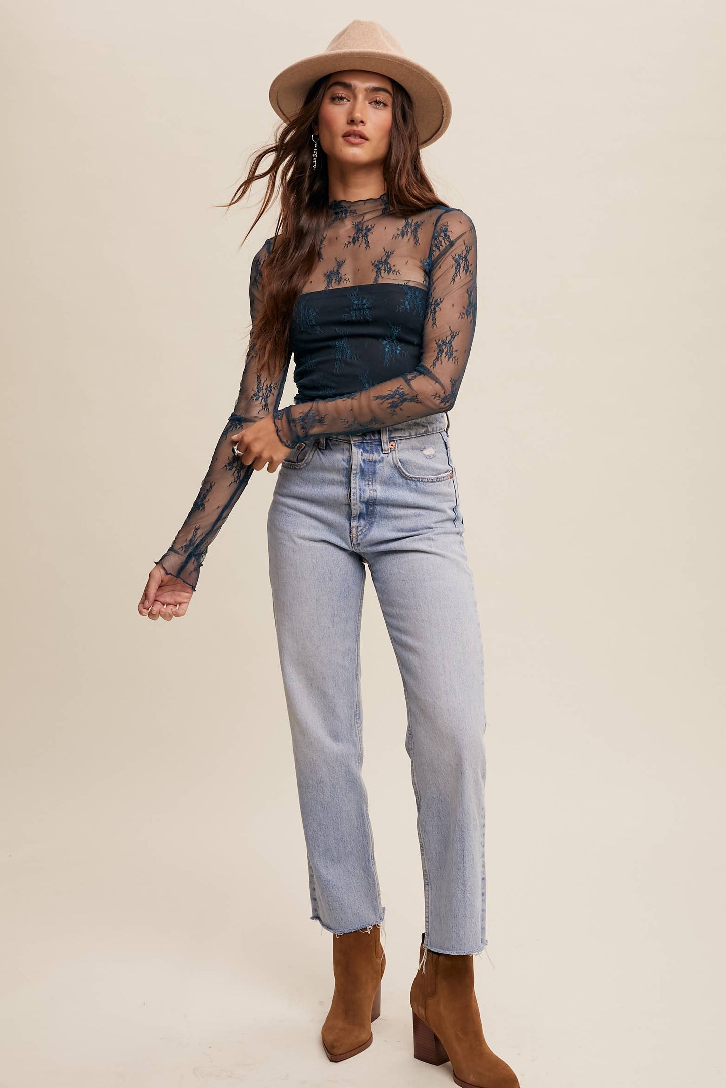 Sheer Lace Long-Sleeve Top Teal