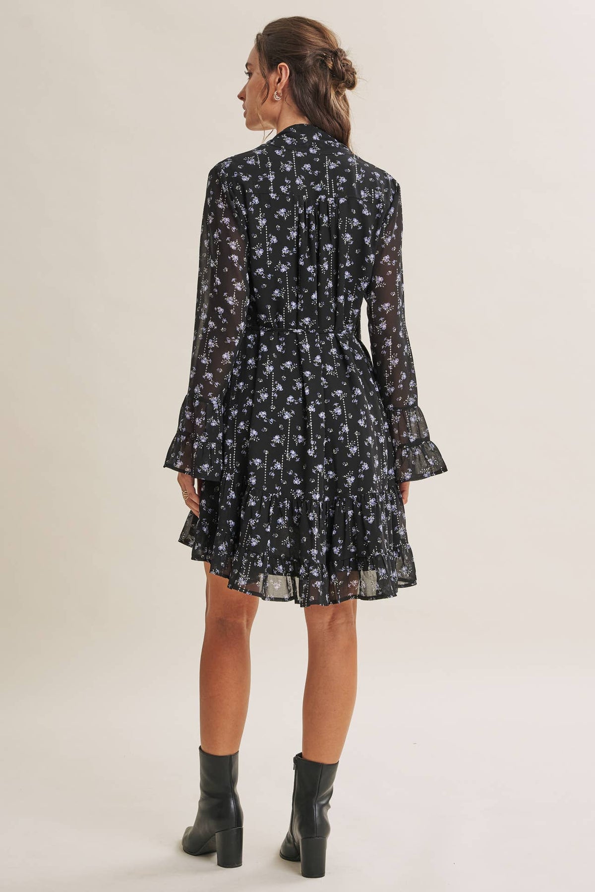MIDNIGHT SHIMMER DITSY FLORAL NECK TIE RUFFLE MINI DRESS