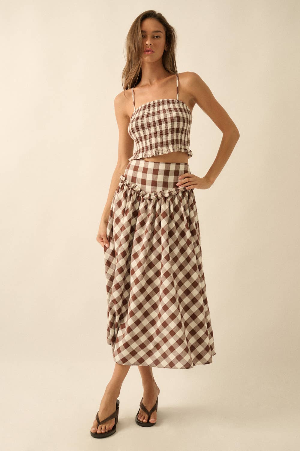 Gingham Plaid Drop-Waist Ruffle Midi Skirt