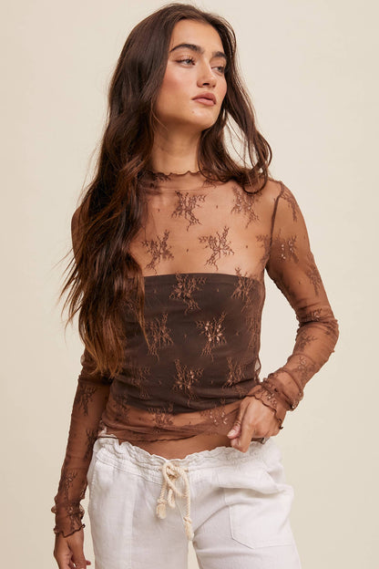 Sheer Lace Long-Sleeve  Mocha