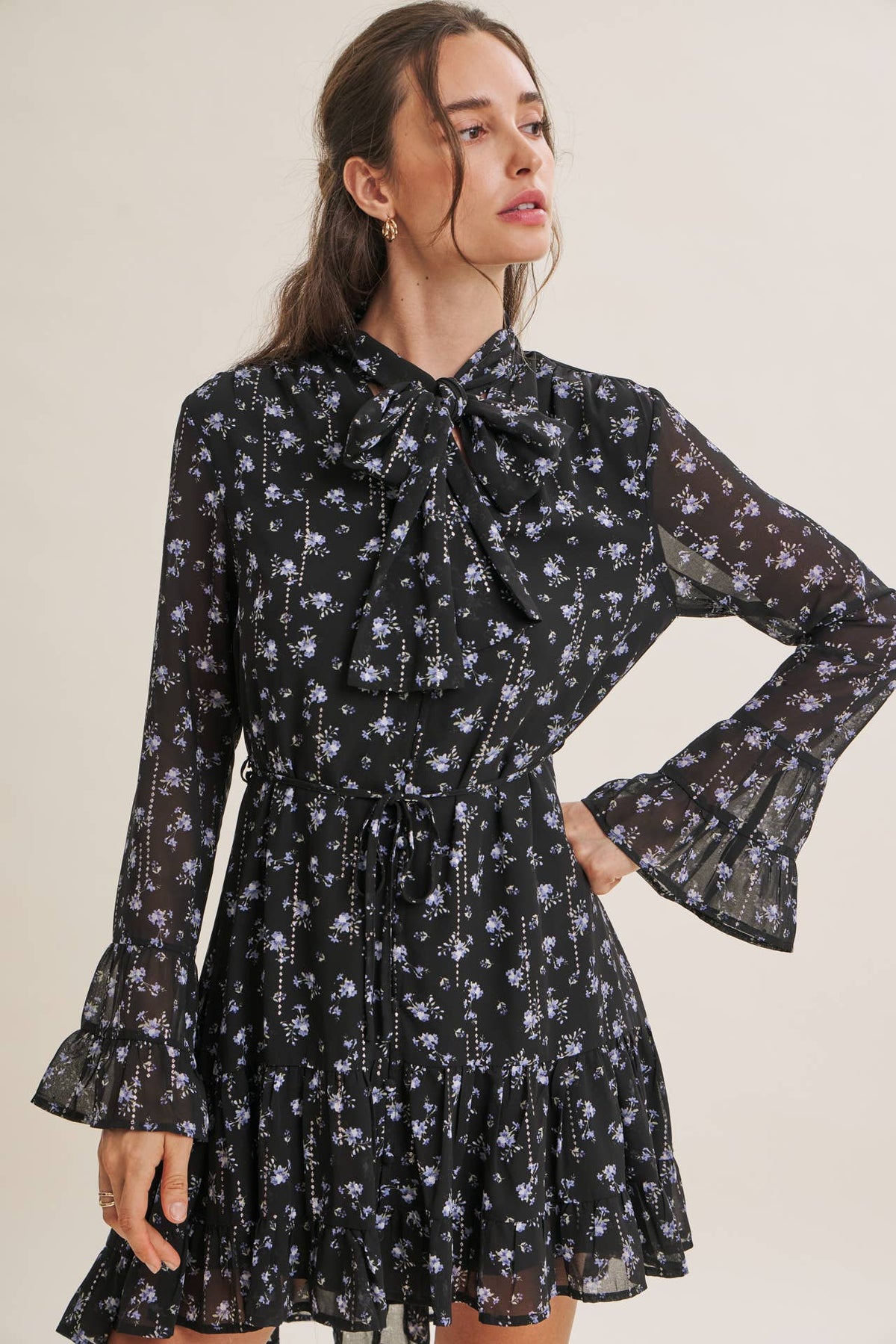 MIDNIGHT SHIMMER DITSY FLORAL NECK TIE RUFFLE MINI DRESS