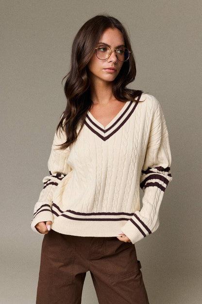 Valentina Cable Knit V-Neck Varsity Sweater