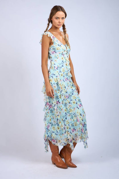 Floral Unbalanced Strap Maxi Dress