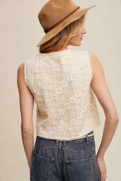 Embroidered Lace Tie-Front Vest