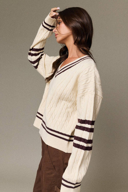 Valentina Cable Knit V-Neck Varsity Sweater