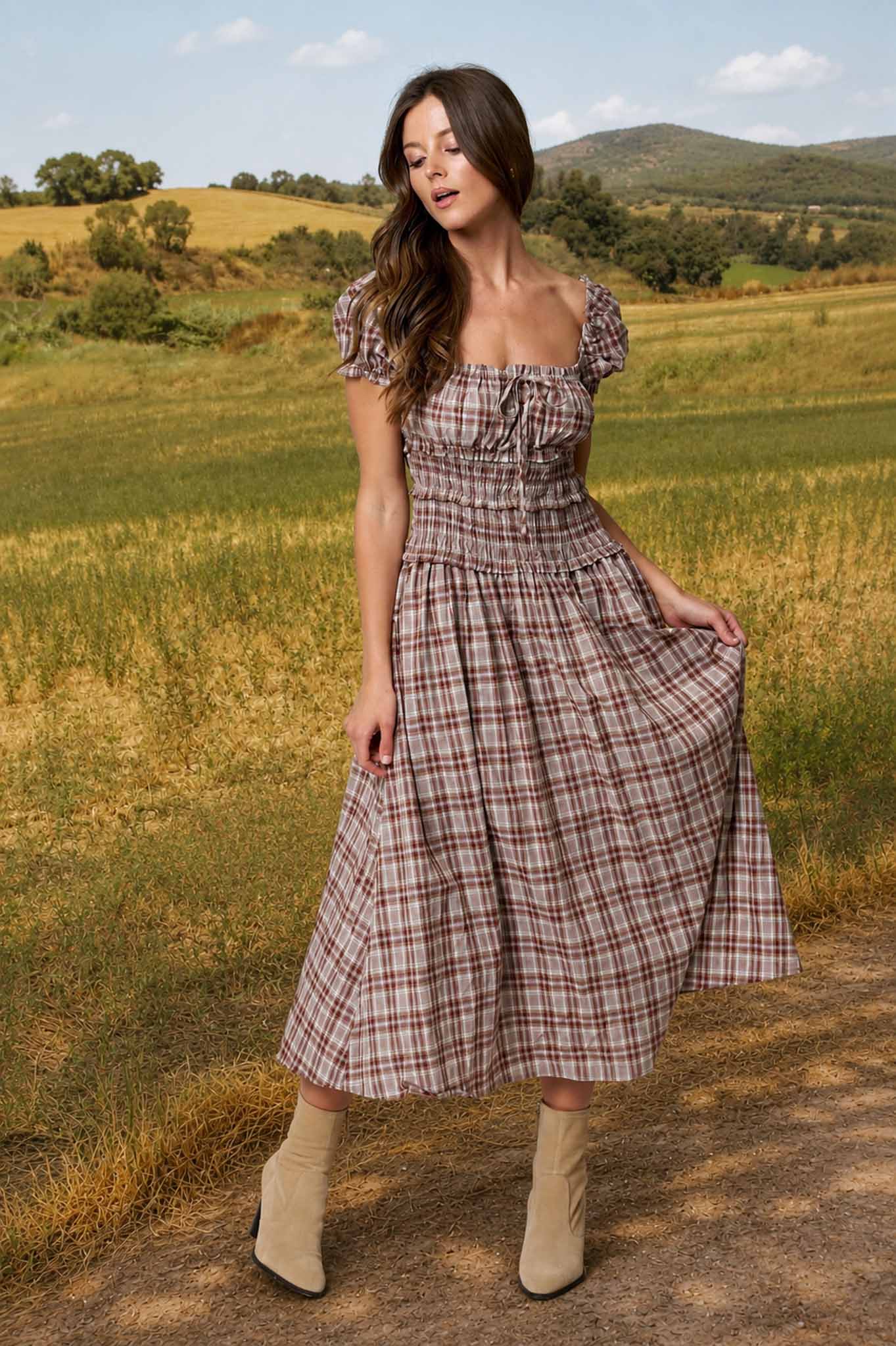 Smocked Waist Plaid Midi Dress