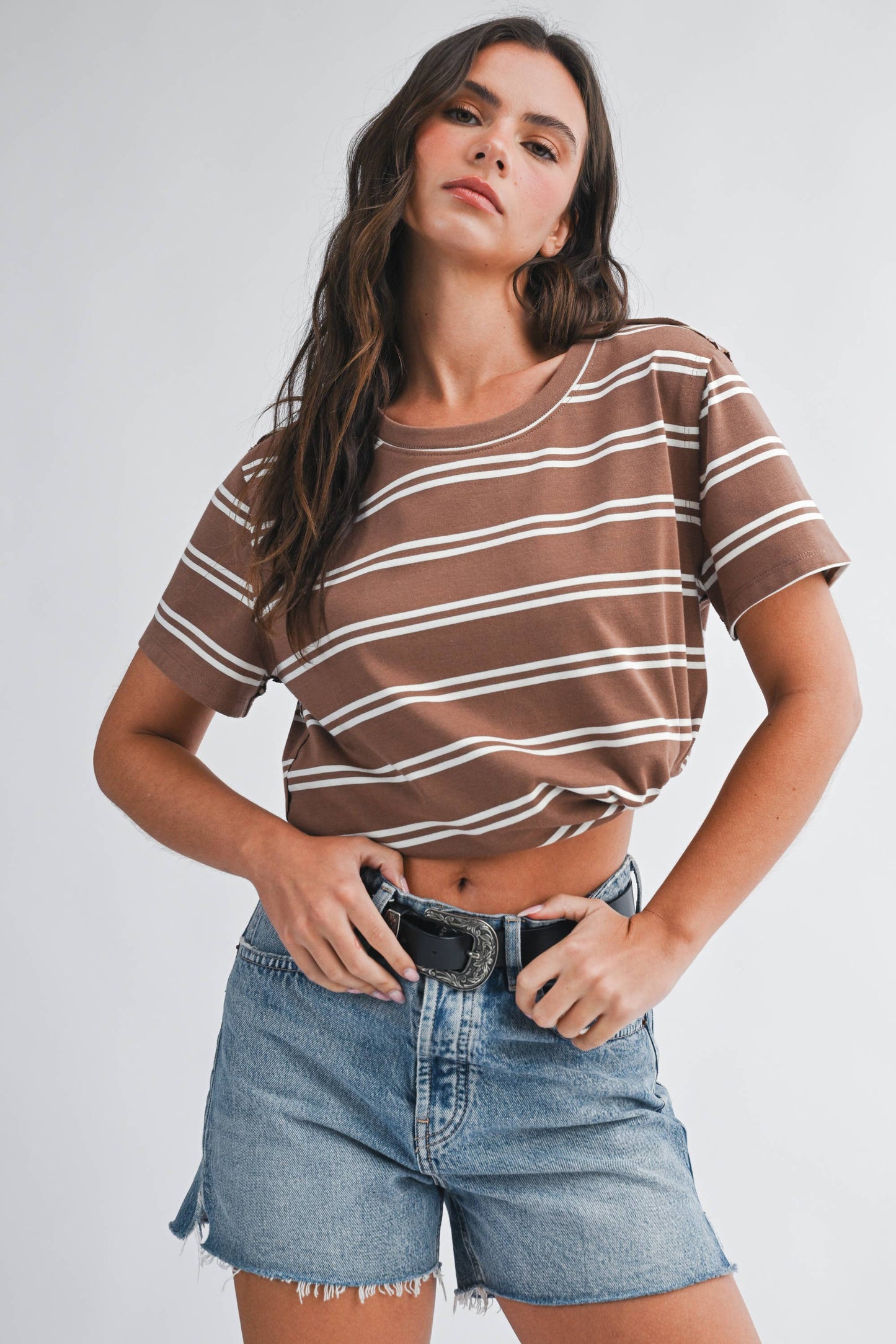 Striped Boxy Short Sleeve Tee - Brown