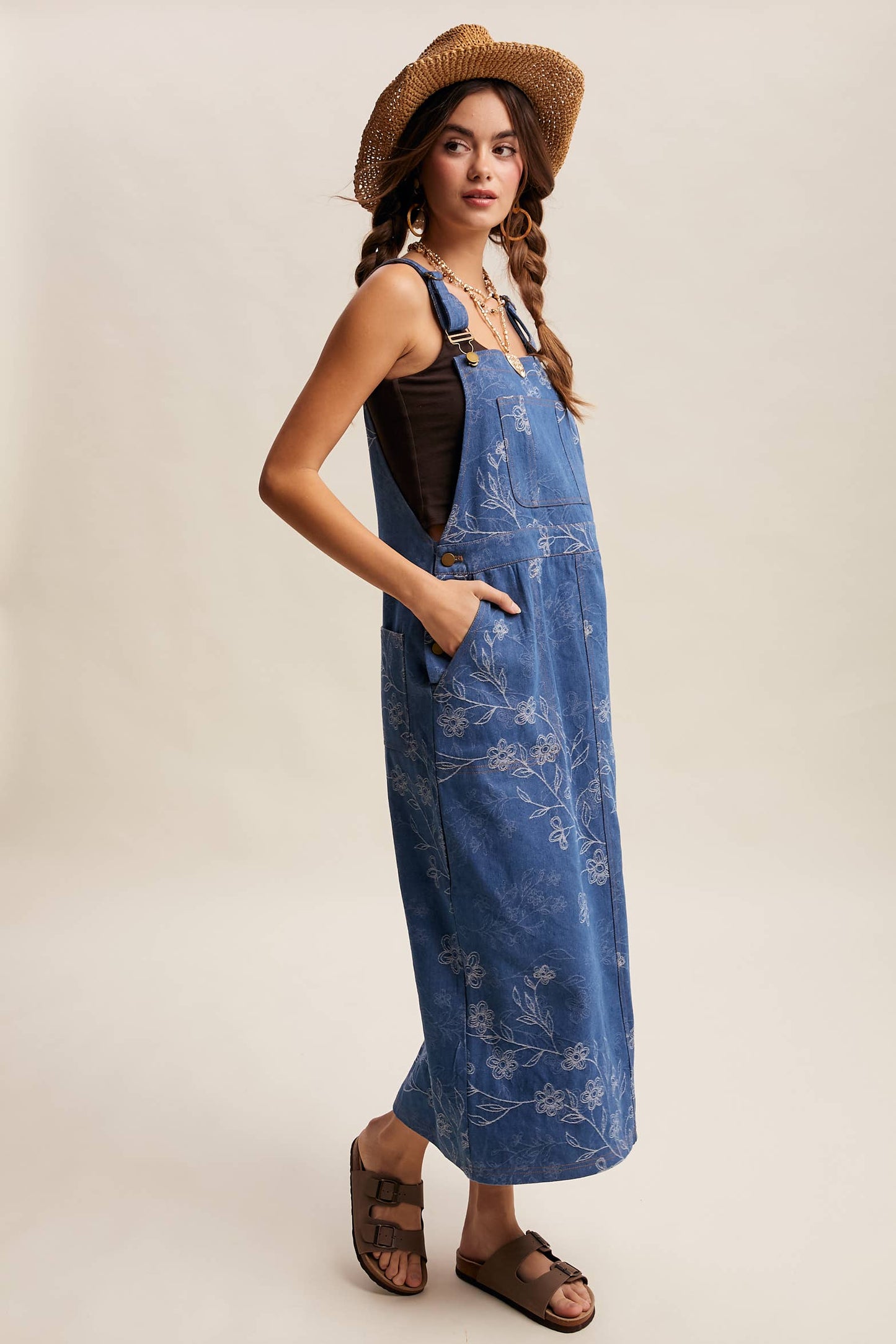 Floral Embroidered Denim Overall Dress