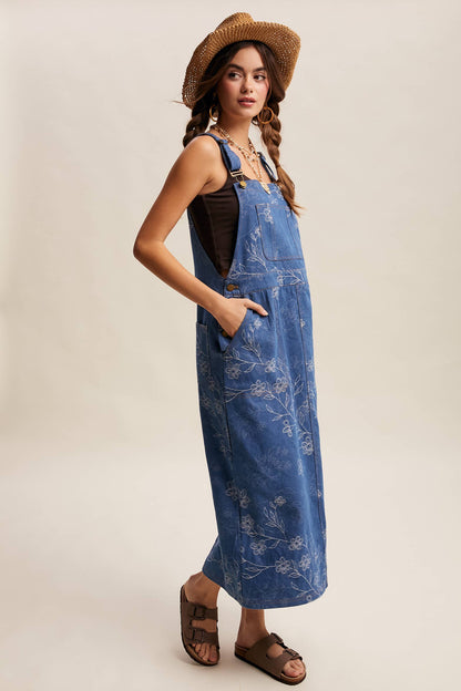 Floral Embroidered Denim Overall Dress