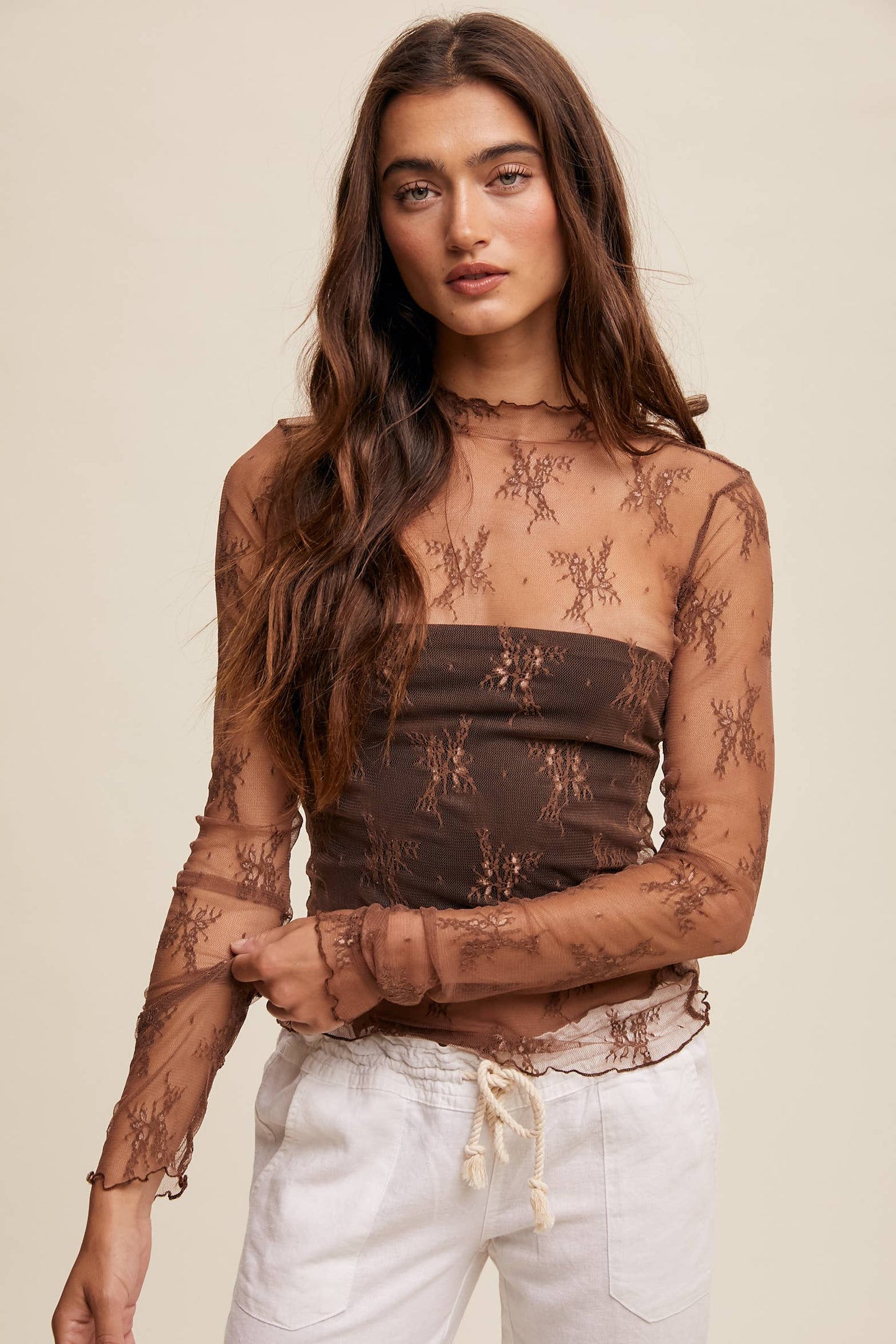 Sheer Lace Long-Sleeve  Mocha
