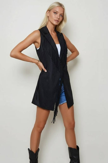 Suede Fringe Longline Blazer Vest