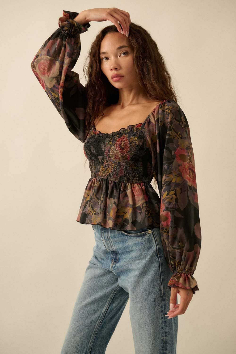 Floral-Print Smocked Sweetheart Peplum Top