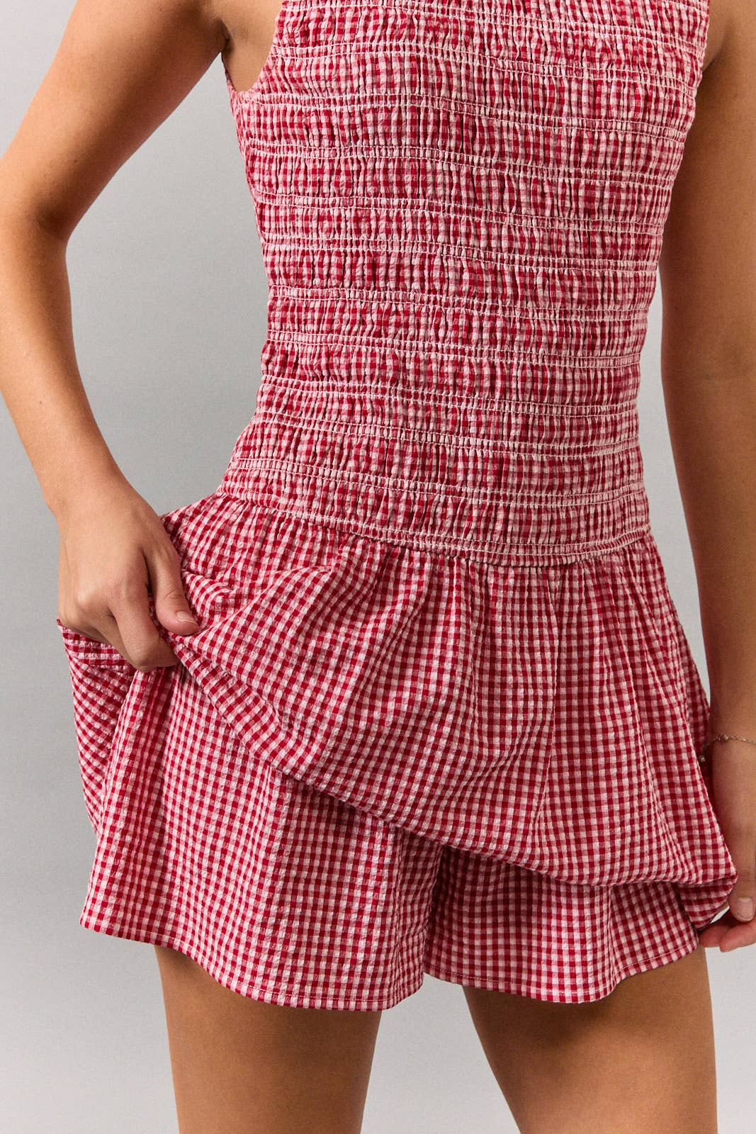 BOAT NECK SMOCKING BODICE LOW WAIST ROMPER