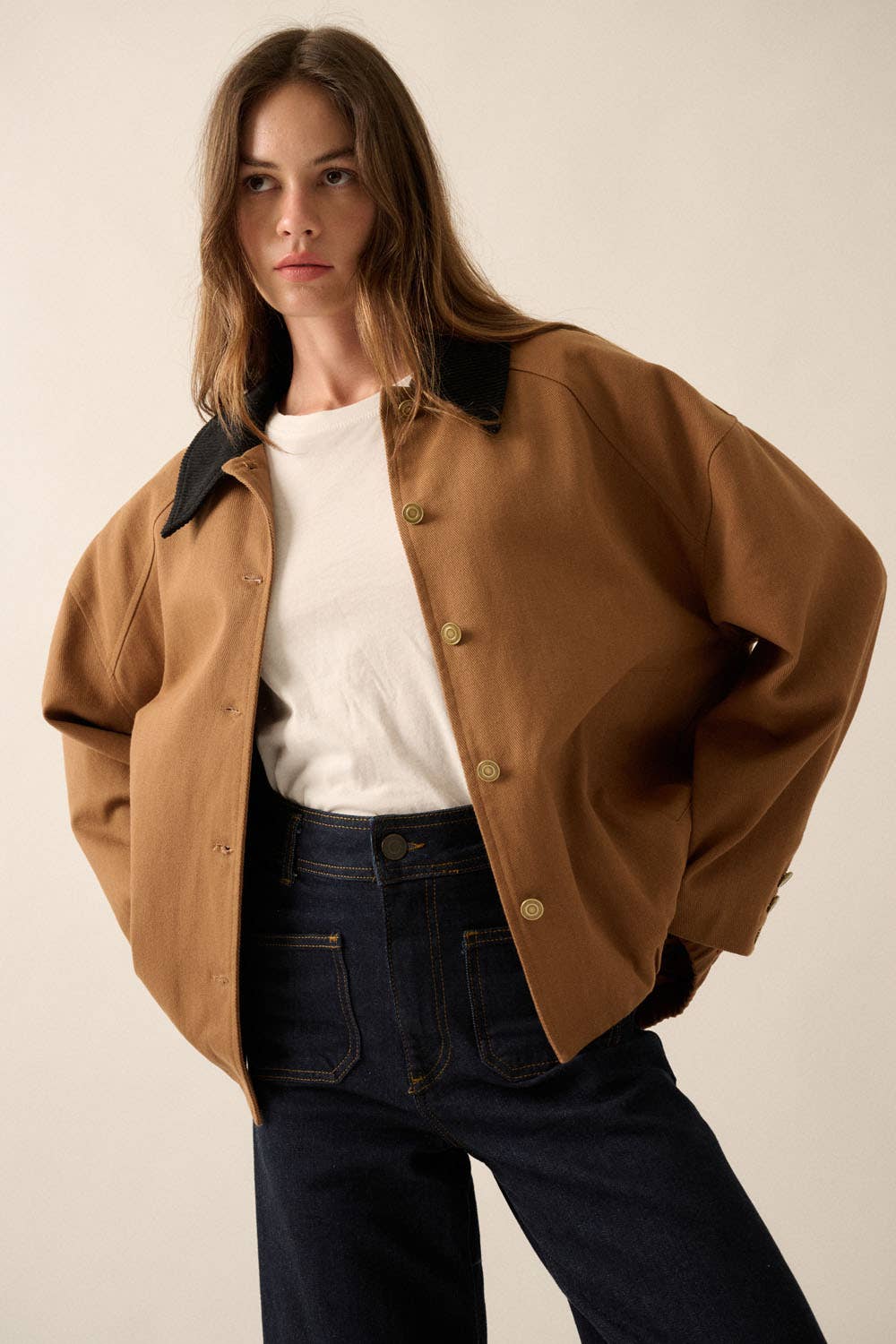 Corduroy Collar Oversize Twill Utility Jacket