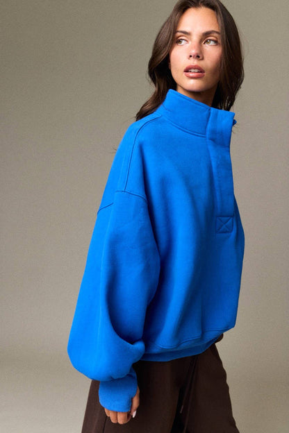 High Collar Half Button-Up Relaxed Fit Pullover