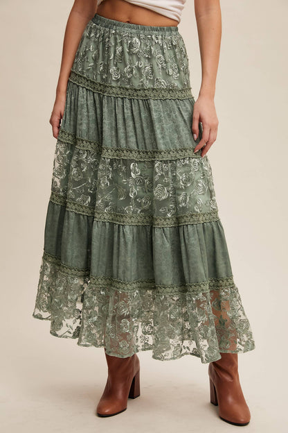 Floral Embroidered Tiered Maxi Skirt