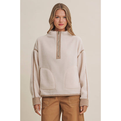 CABIN GINGHAM TRIM FLEECE HALF-ZIP PULLOVER