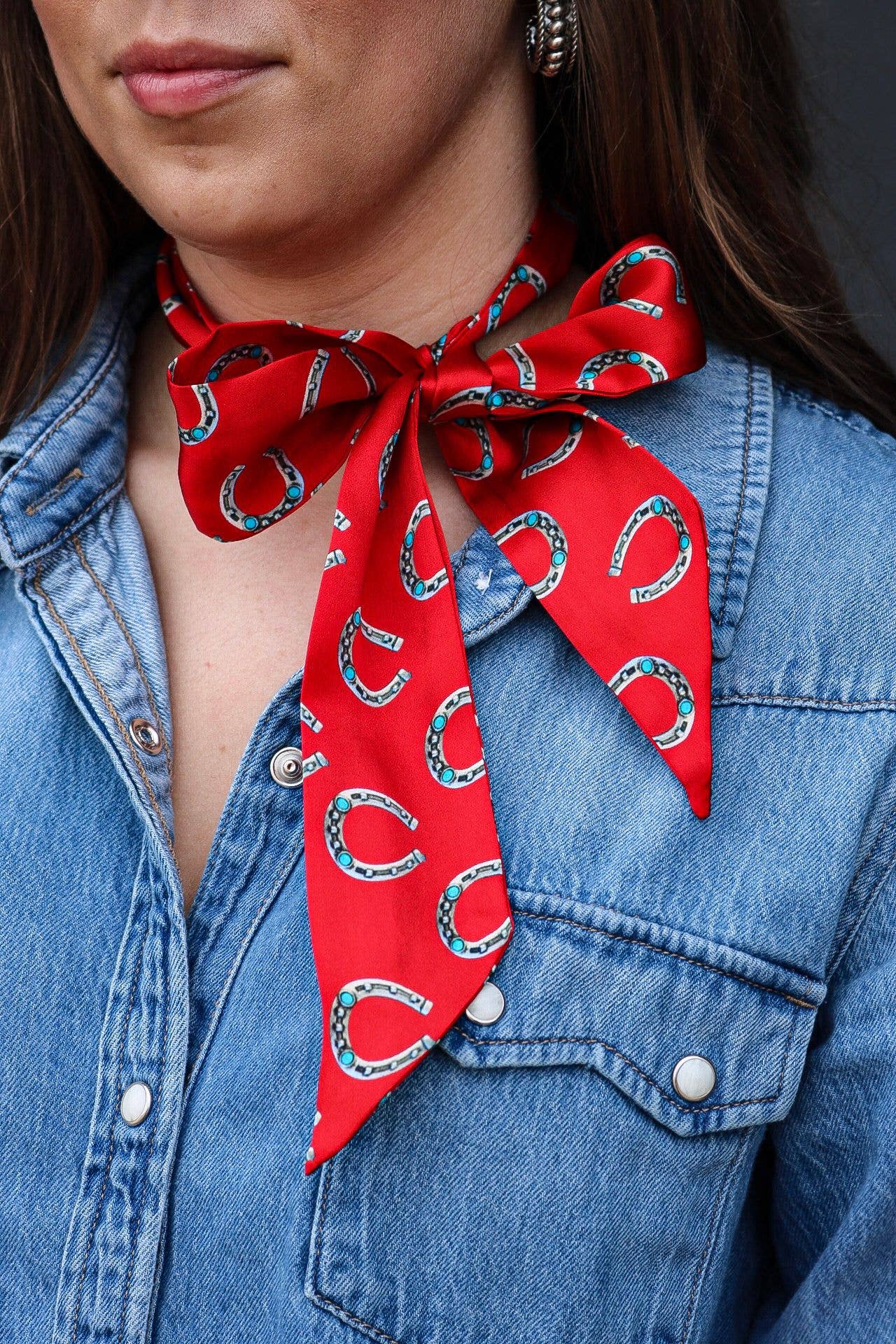 Red Silk Twilly Scarf w/ Horseshoe Pattern