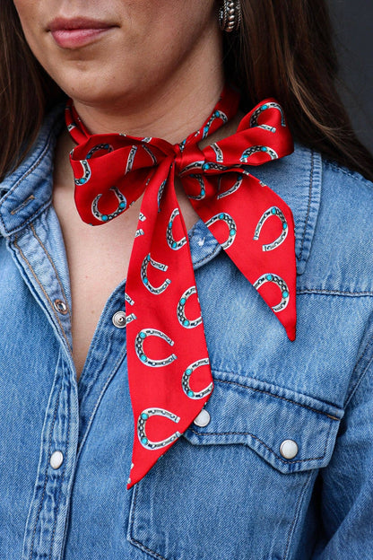Red Silk Twilly Scarf w/ Horseshoe Pattern