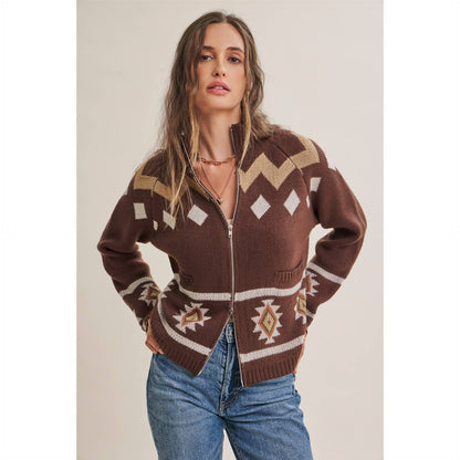 RUSTIC ESCAPE FAIR ISLE 2-WAY ZIP MOCK NECK SWEATER JACKET