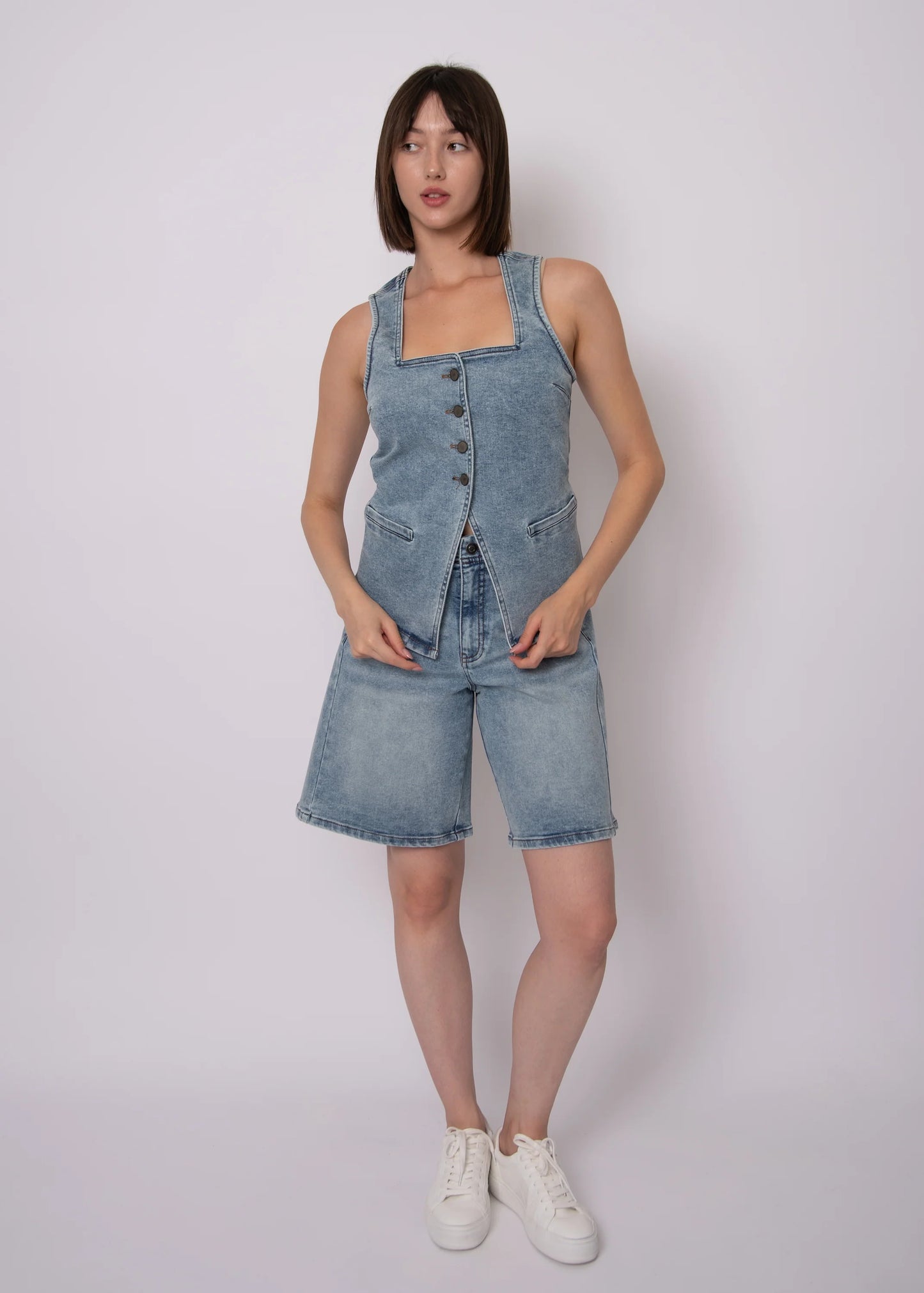 Tie Back Denim Button Up Vest