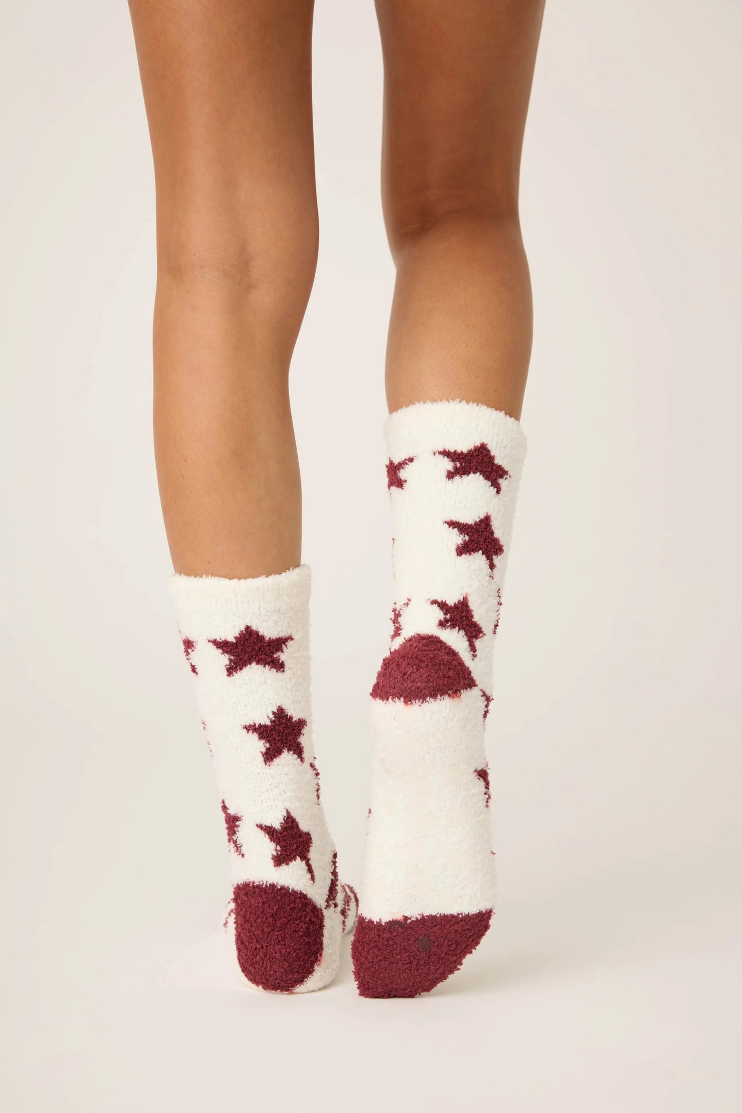Maroon and White Star Print Fuzzy Crew Sock
