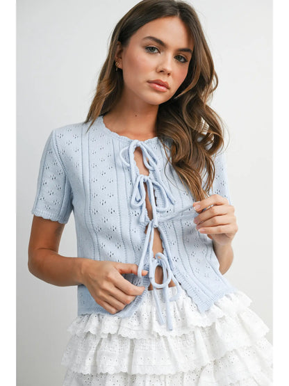 Scalloped Tie-Front Pointelle Knit Top