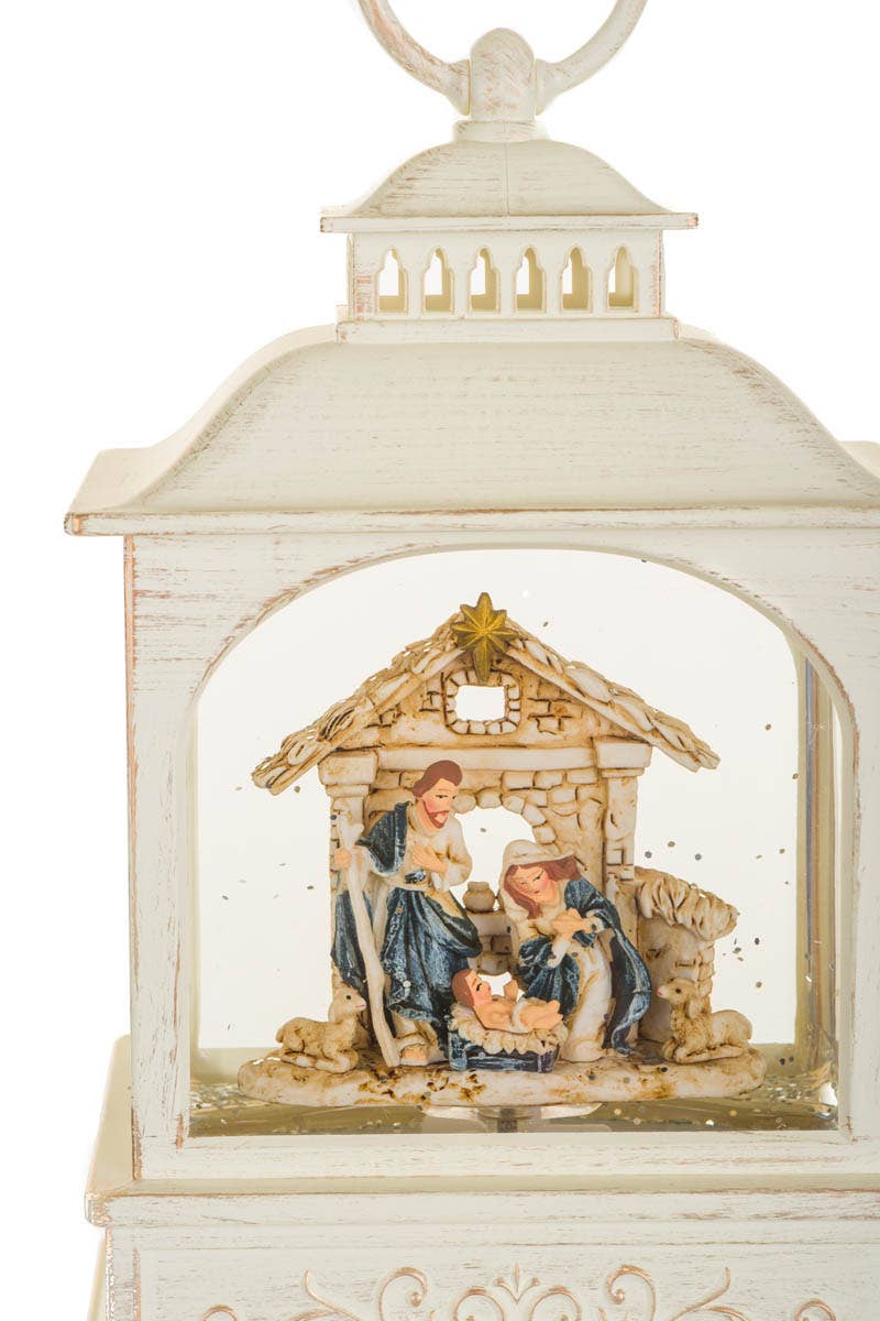 Musical White Led Lantern Snow Globe With Nativity Scene