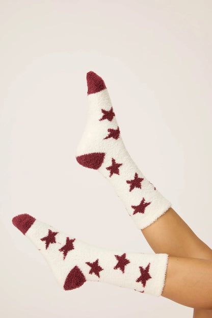 Maroon and White Star Print Fuzzy Crew Sock