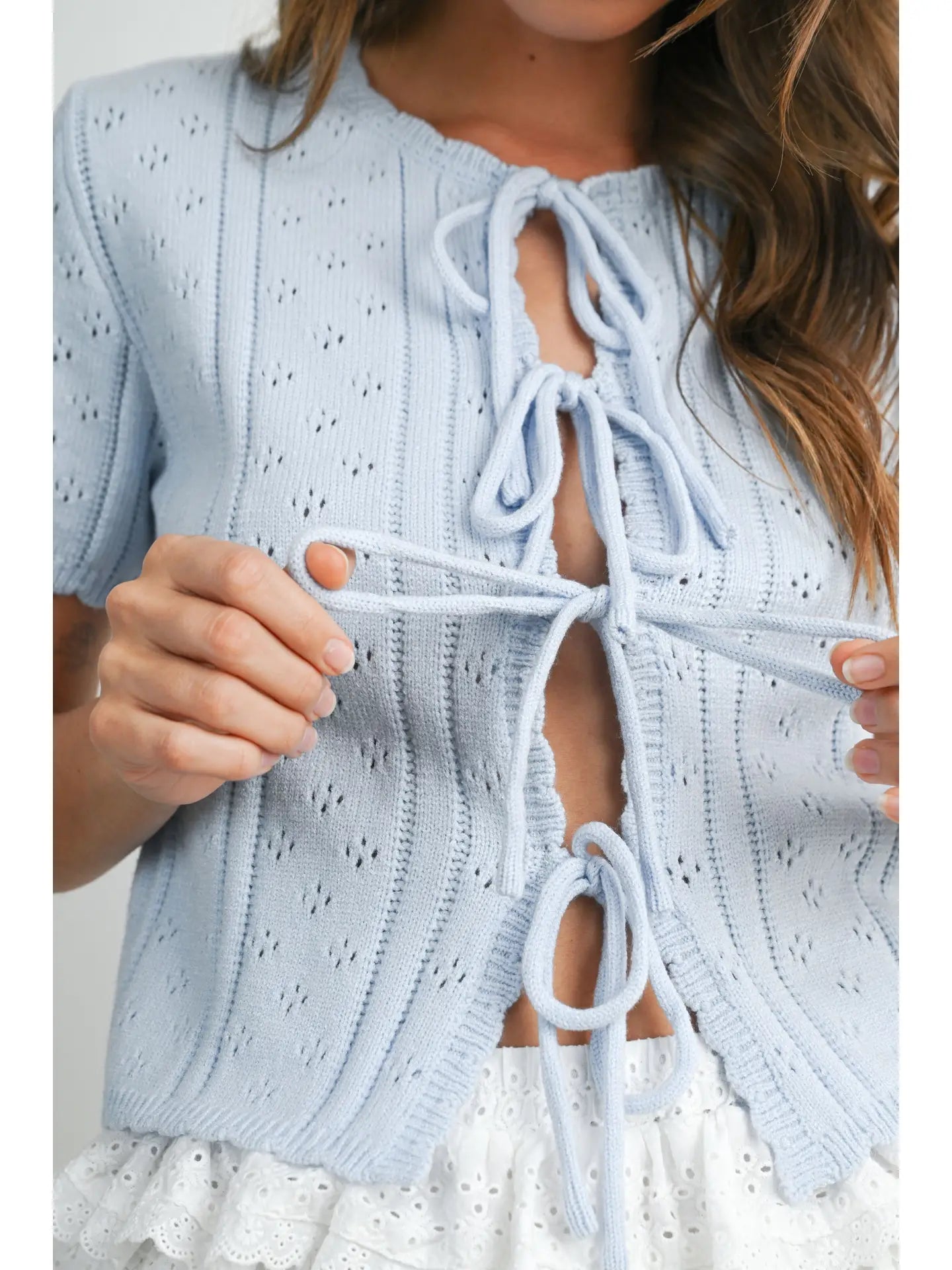 Scalloped Tie-Front Pointelle Knit Top