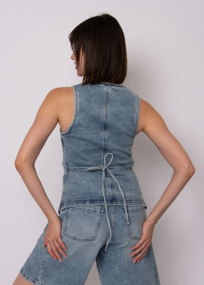Tie Back Denim Button Up Vest