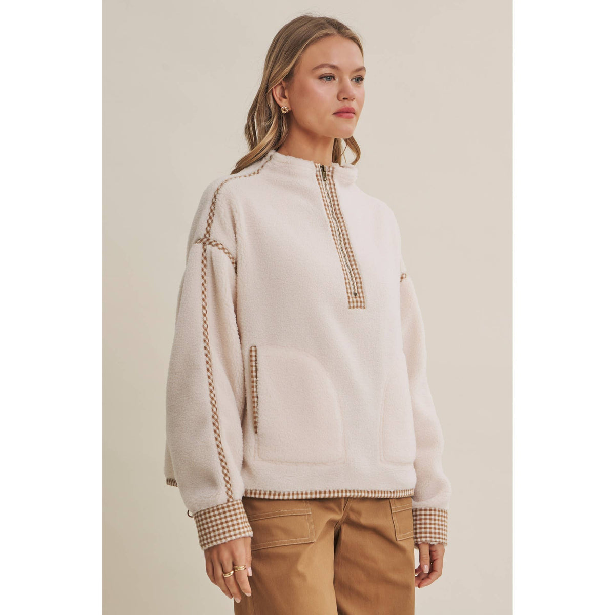CABIN GINGHAM TRIM FLEECE HALF-ZIP PULLOVER