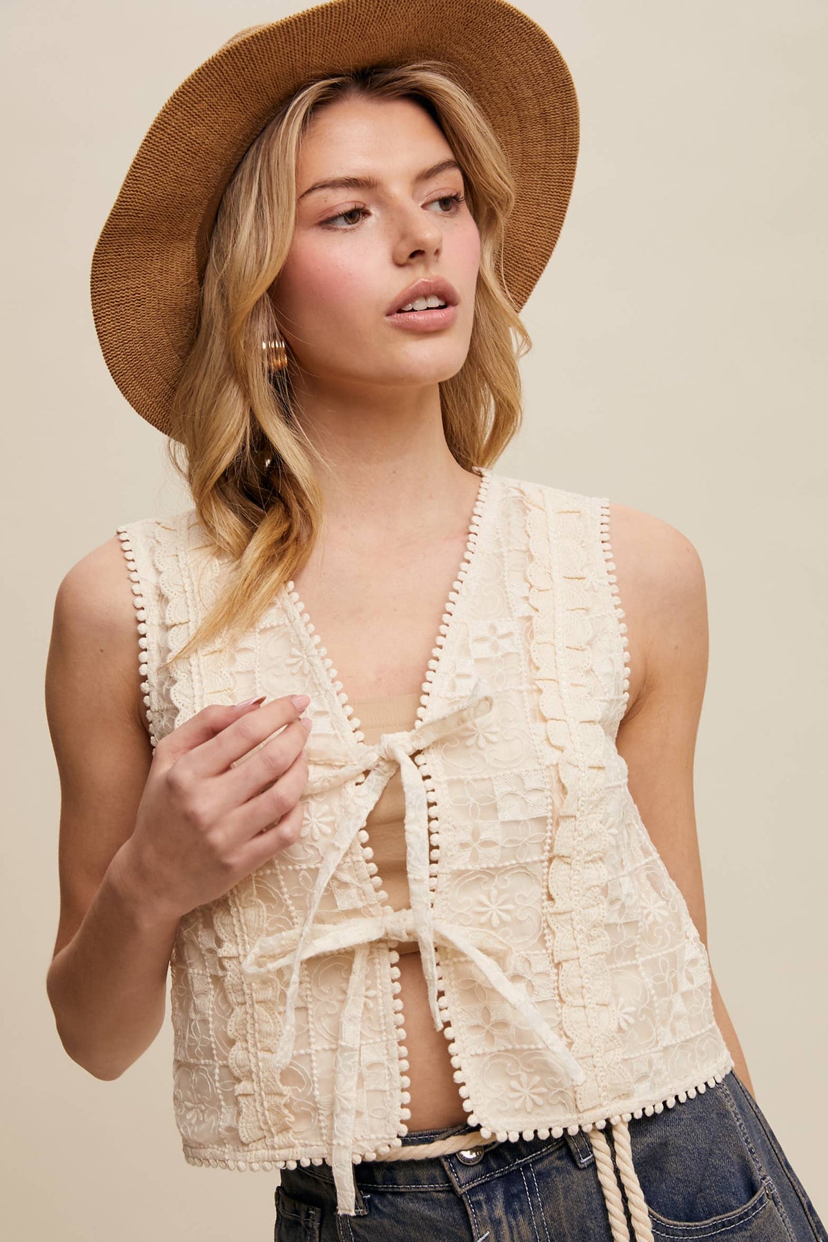 Embroidered Lace Tie-Front Vest