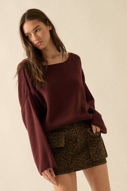 Solid Rib-Knit Oversized Boatneck Sweater