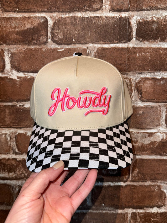 Neon Checkered Howdy Trucker Hat