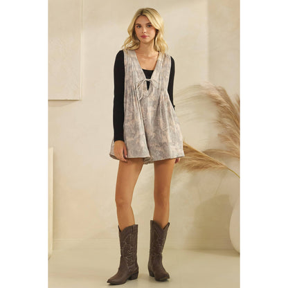 Printed French Terry Sleeveless V Neck Romper