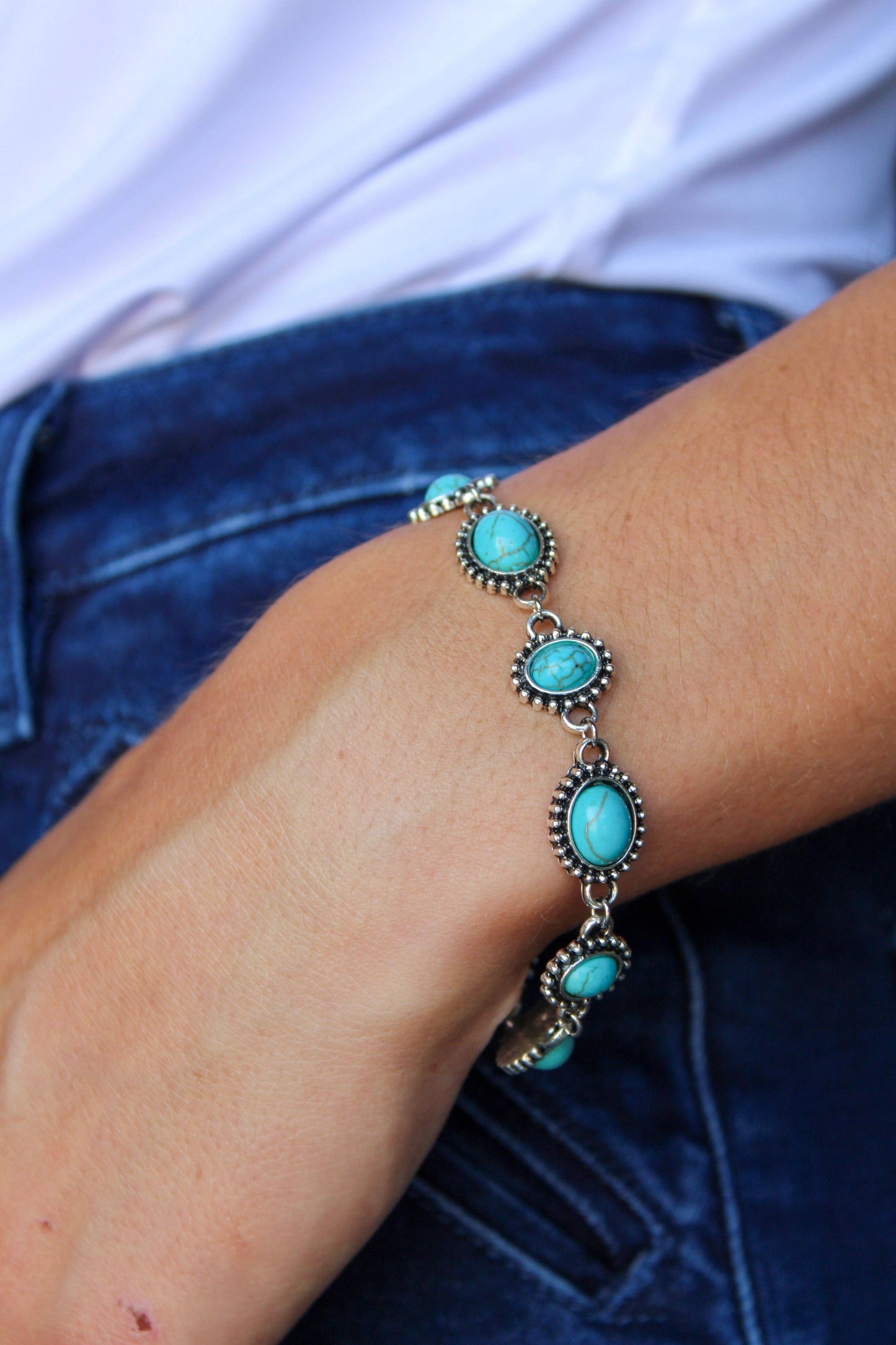 Silver & Oval Turquoise Link Bracelet w/ Toggle Clasp