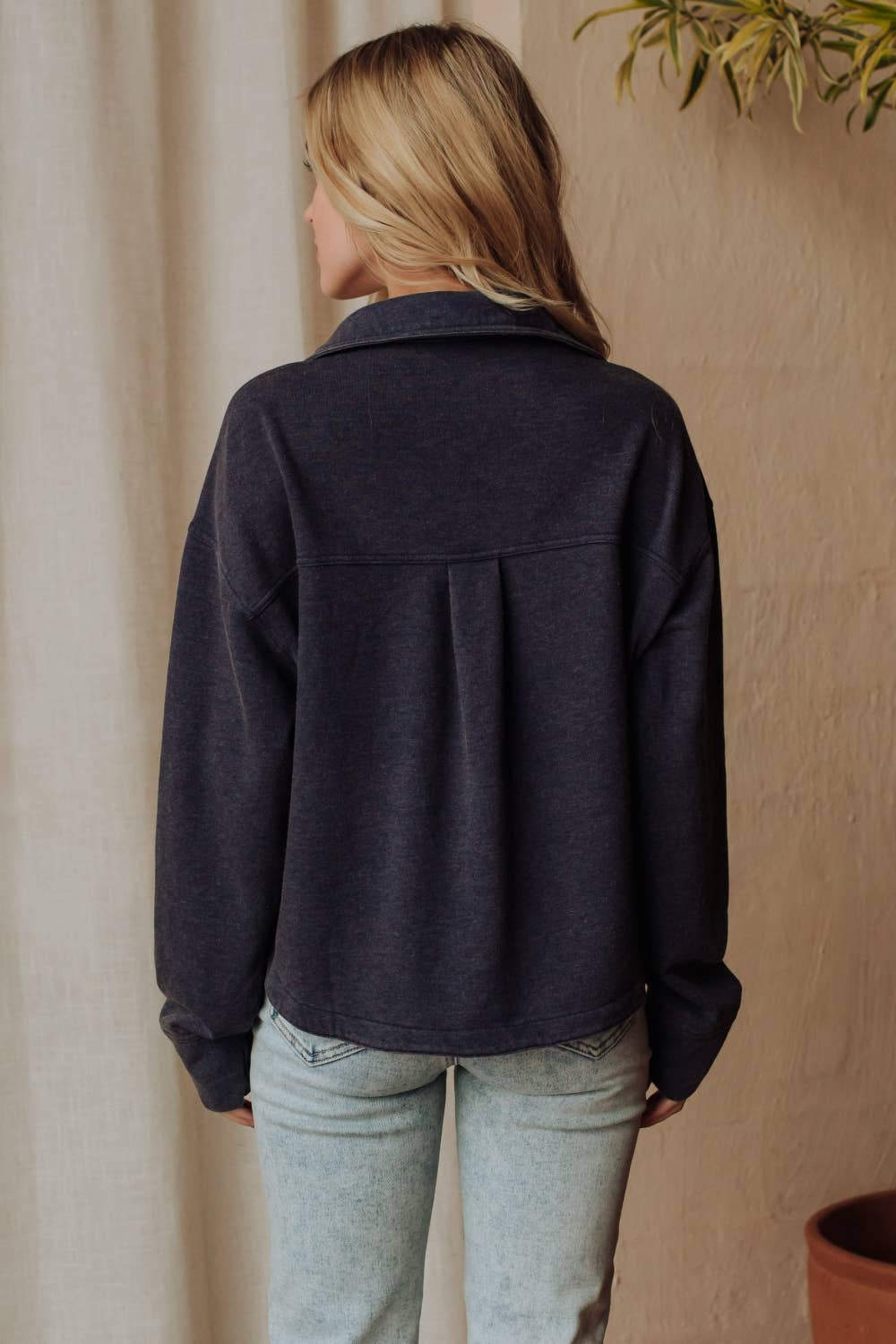 Navy Cropped Washed Soft Button Up