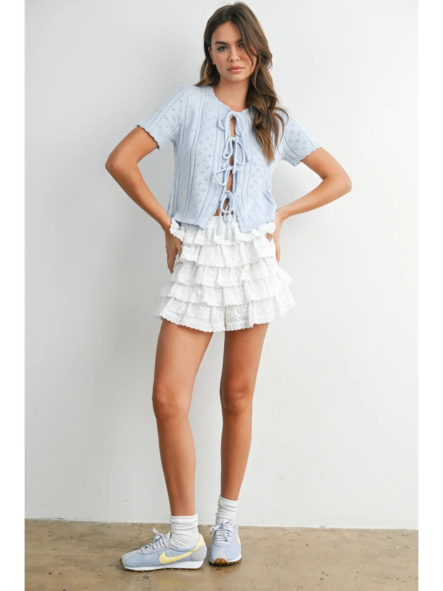 Scalloped Tie-Front Pointelle Knit Top